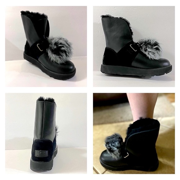UGG Isley Black Waterproof Leather Pom Pom Boots, Size 6 - Picture 15 of 15